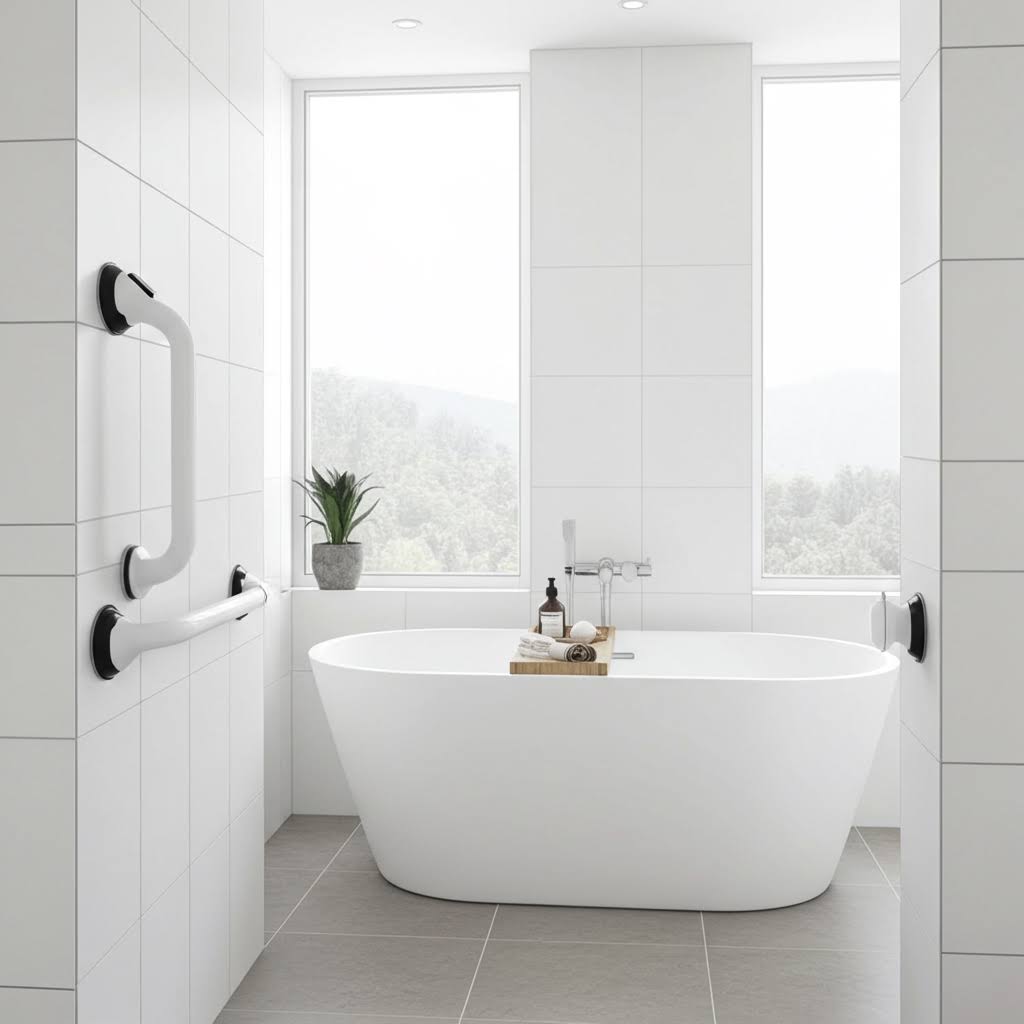 Modern bathroom with a freestanding bathtub, grab bars, and large windows.