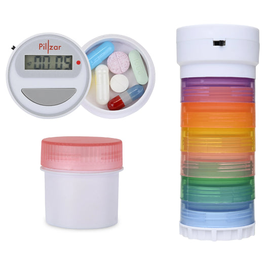 Set of pill containers with a digital timer and colorful compartments on a white background

