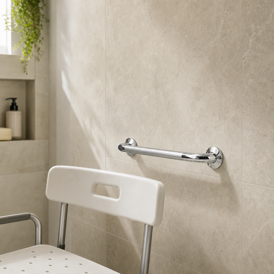 Bathroom with a grab bar mounted on the wall and a chair in the foreground.