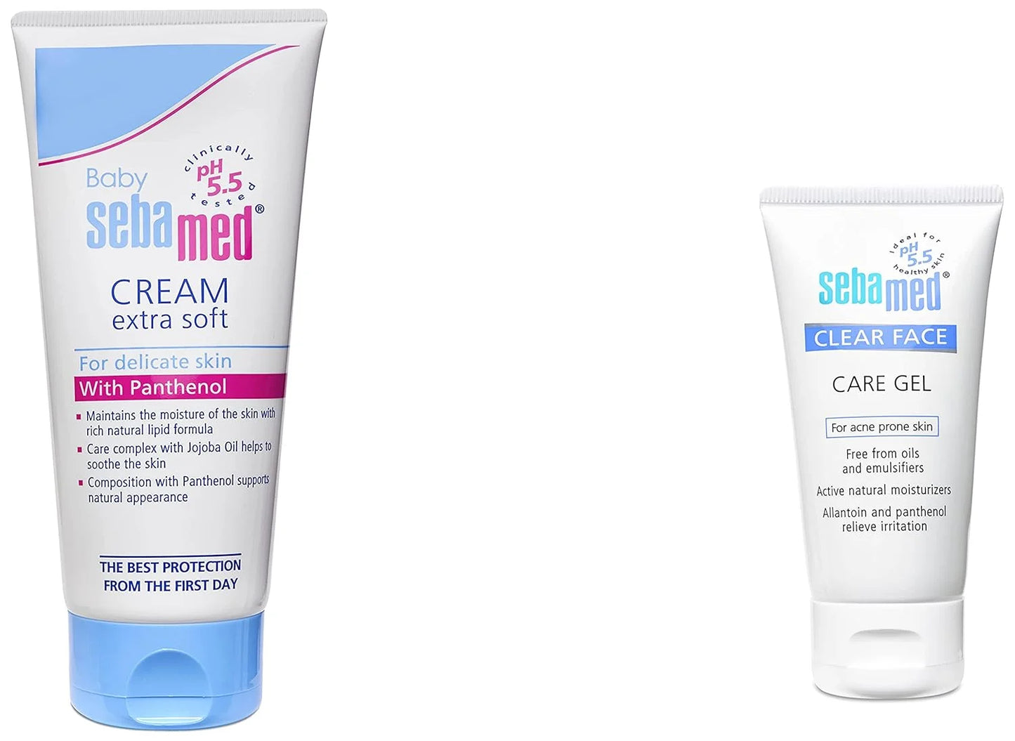 Two tubes of Sebamed baby cream and clear face care gel on a white background

