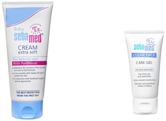 Two tubes of Sebamed baby cream and clear face care gel on a white background

