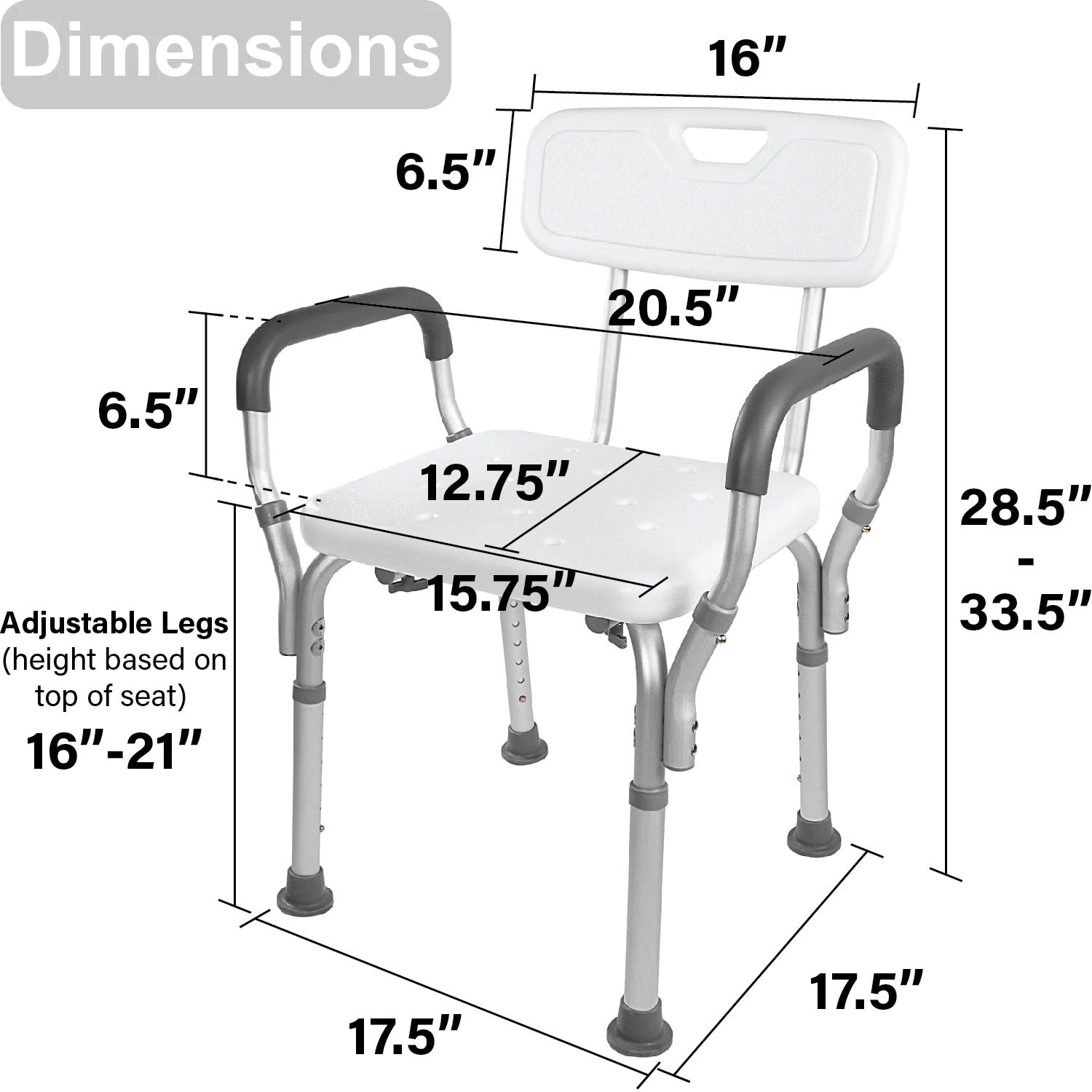 Measurement chart of a shower chair with dimensions labeled

