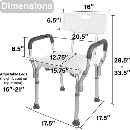 Measurement chart of a shower chair with dimensions labeled

